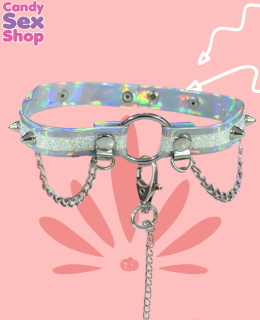 87. Collar De Charol Con Cadena Y Estoperoles   Plateado (ja6862) (2)