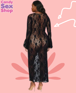 235. Stretch Lace Deep V Bell Sleeve Long Dress Queen Size Black (ja8938) (2)