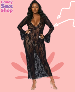 235. Stretch Lace Deep V Bell Sleeve Long Dress Queen Size Black (ja8938)